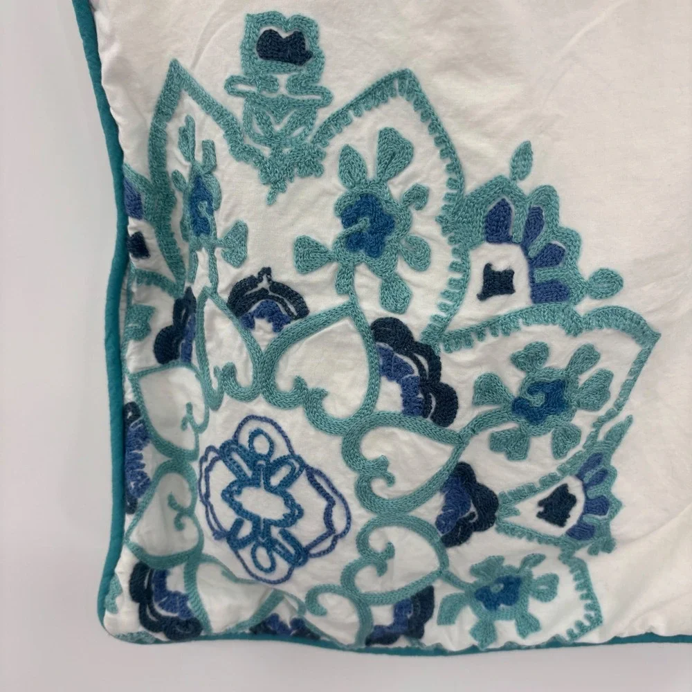 Anthology White Blue Medallion Embroidered Lumbar Pillow Cover Sham Boho Mandala